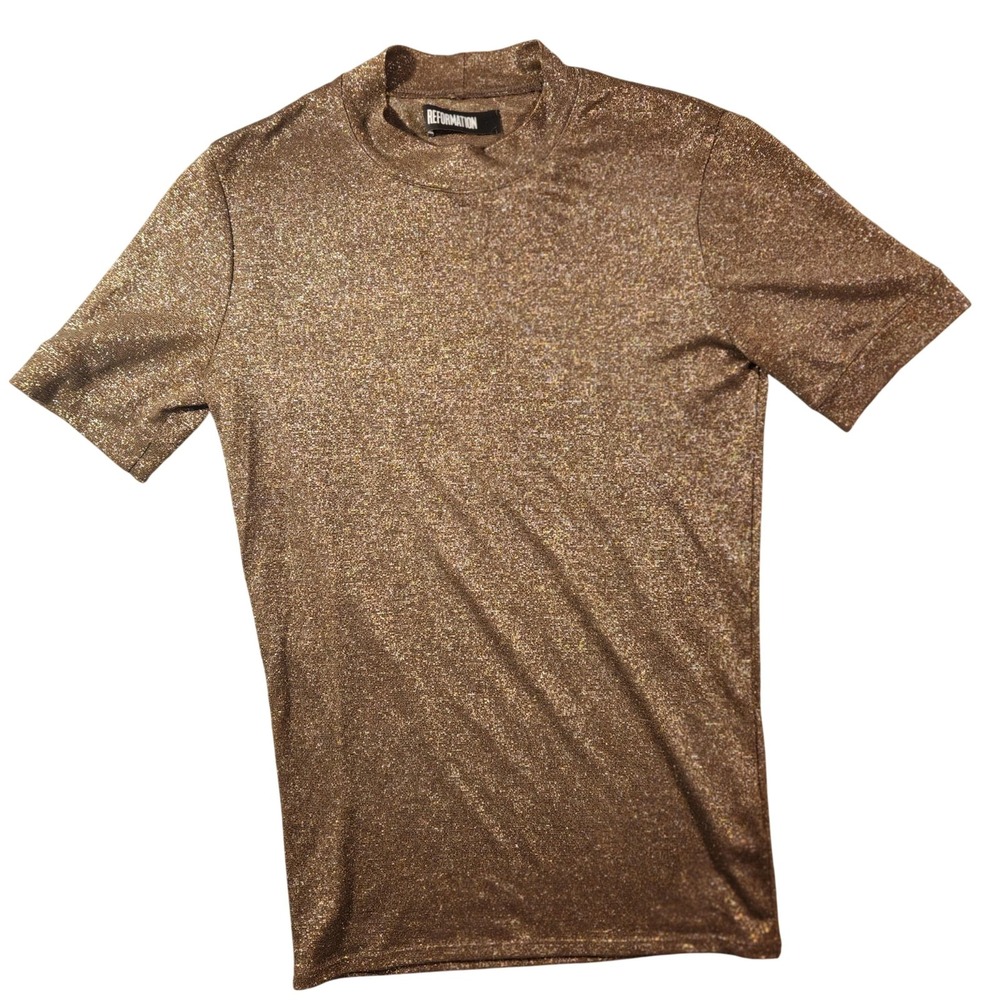 Reformation Shirt Womens Small Gold Metallic Glitter Mock Neck Short Sleeve